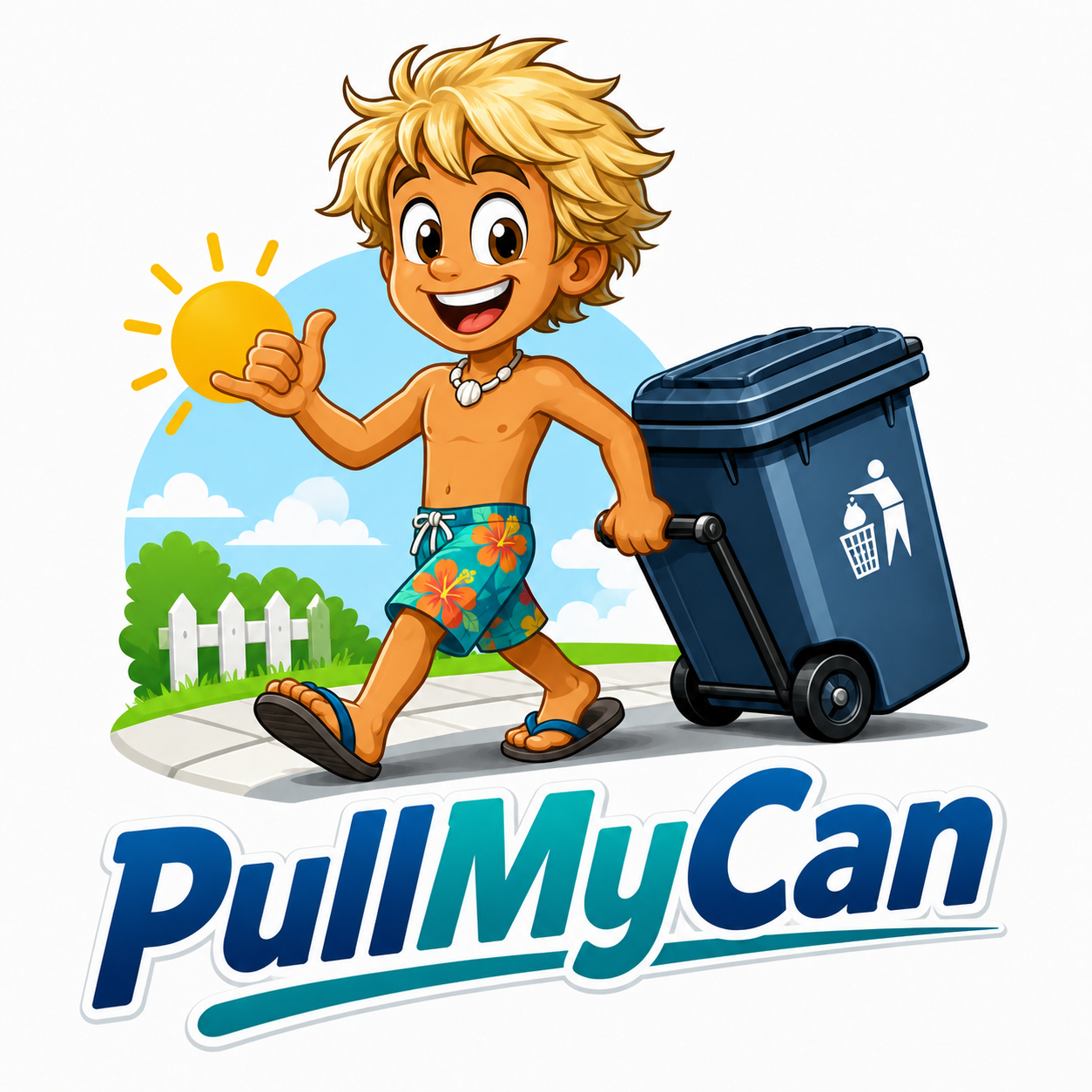 Cheerful blond surfer rolling a garbage can to the curb